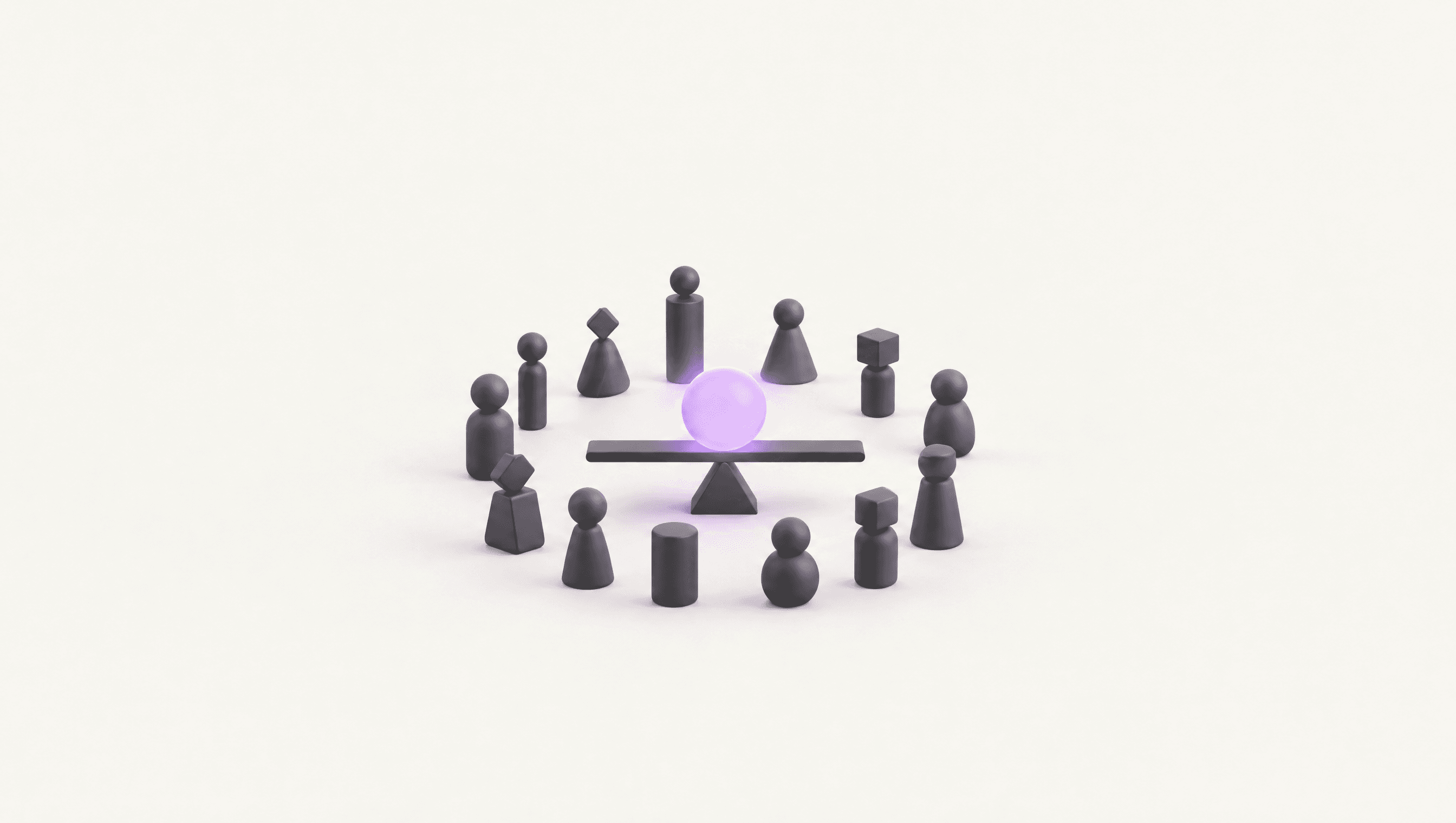 A violet sphere on a level seesaw, circled by many different graphite figures