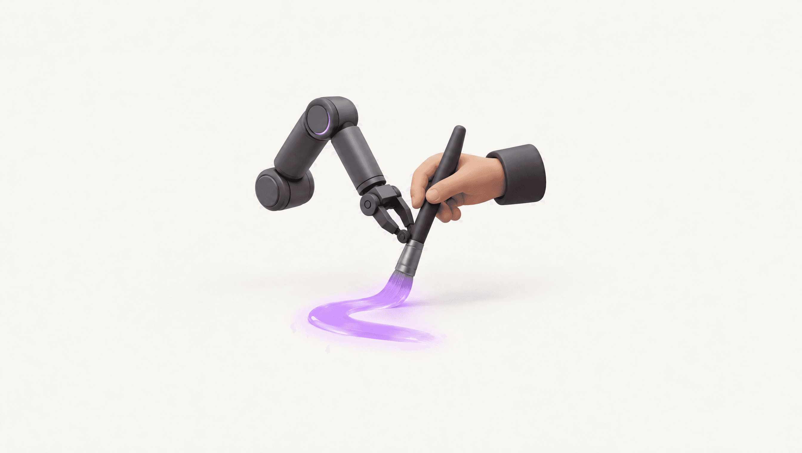 A robotic arm and a human hand holding one brush, painting a violet stroke