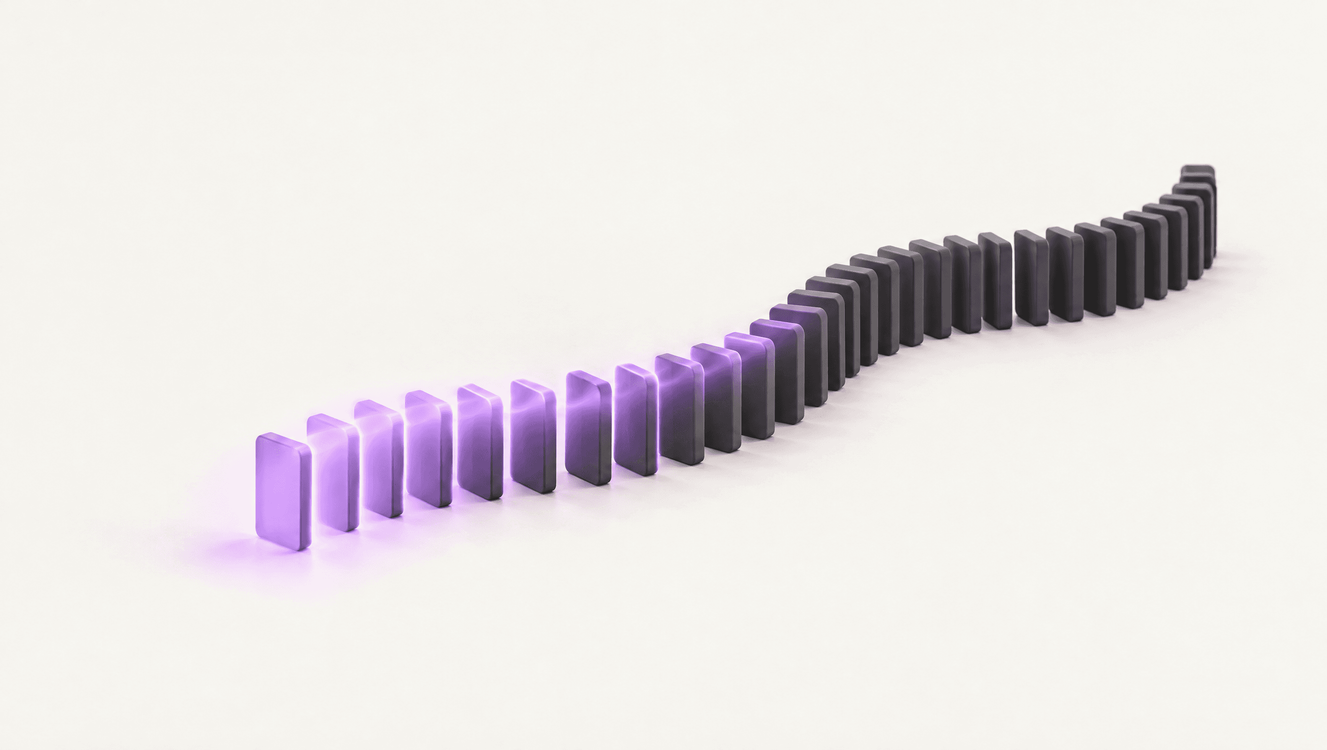 A curving line of graphite dominoes lighting up violet one after another