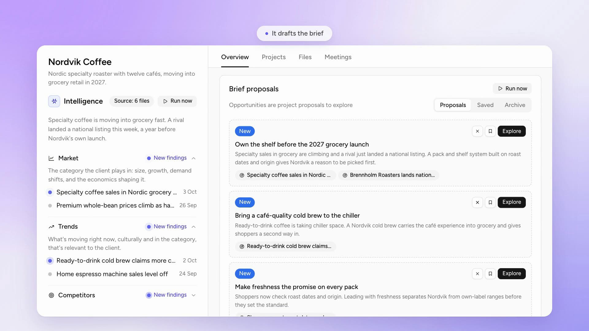 A Multiply client workspace showing Brief proposals alongside New signals