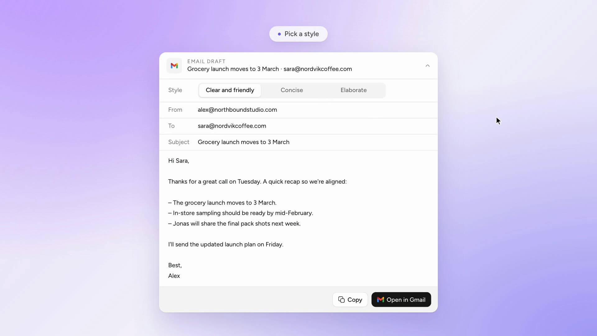 Multiply drafting an email, with style options for the draft