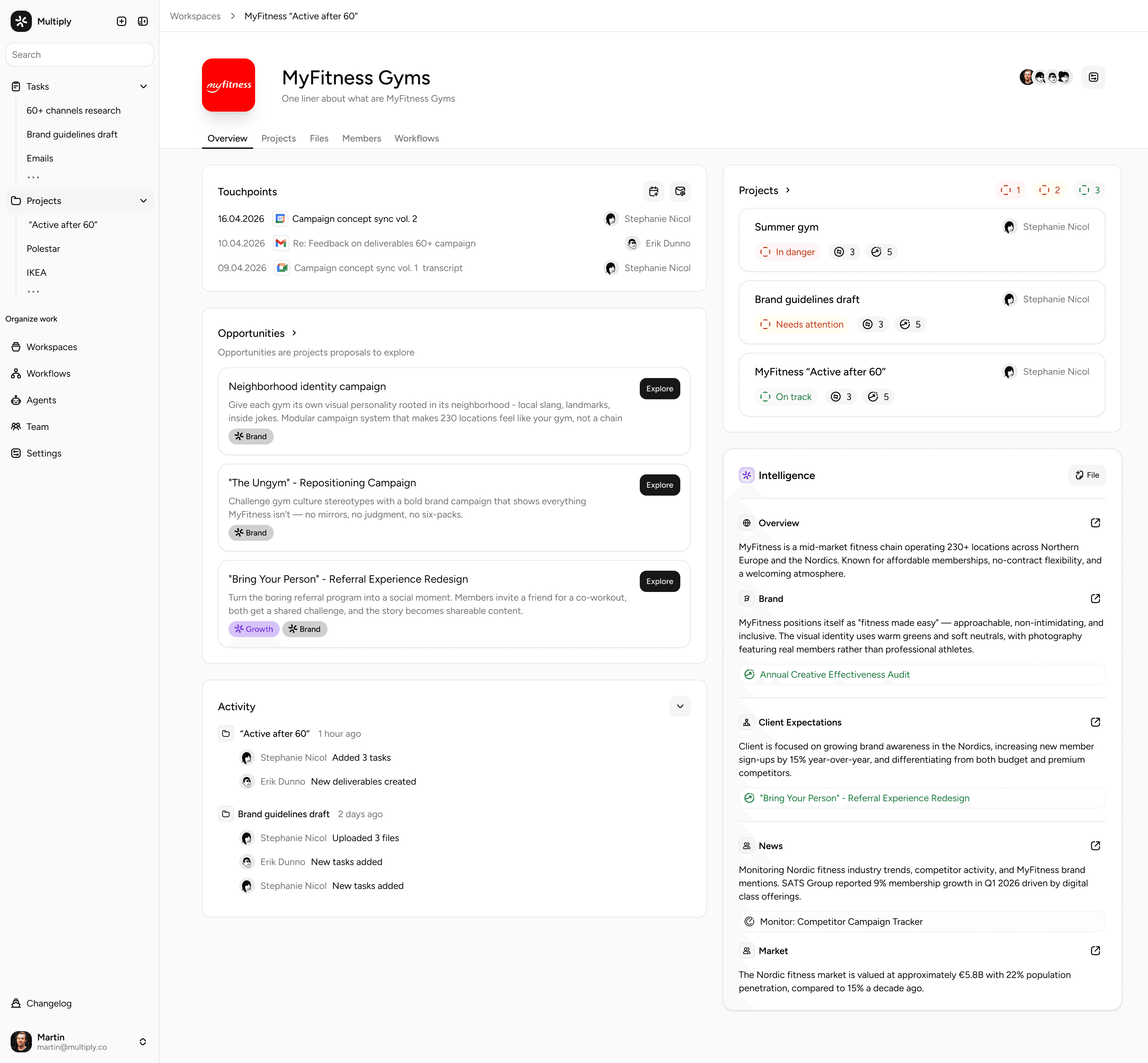 The Multiply workspace — account overview, projects, activity, and agent intelligence panel.