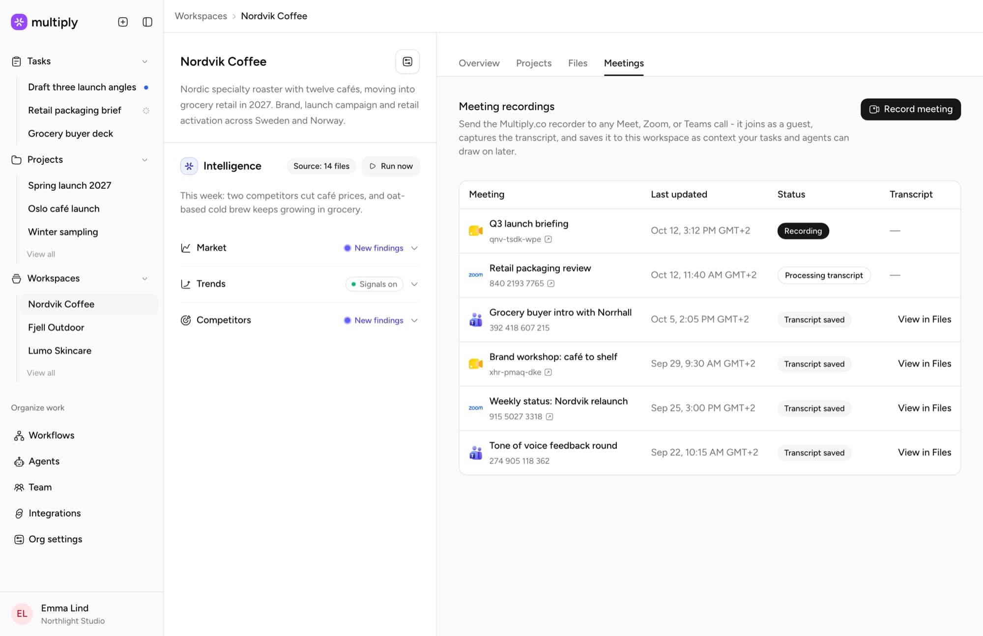 Multiply showing the Nordvik Coffee workspace’s meeting recordings, each with its status and transcript